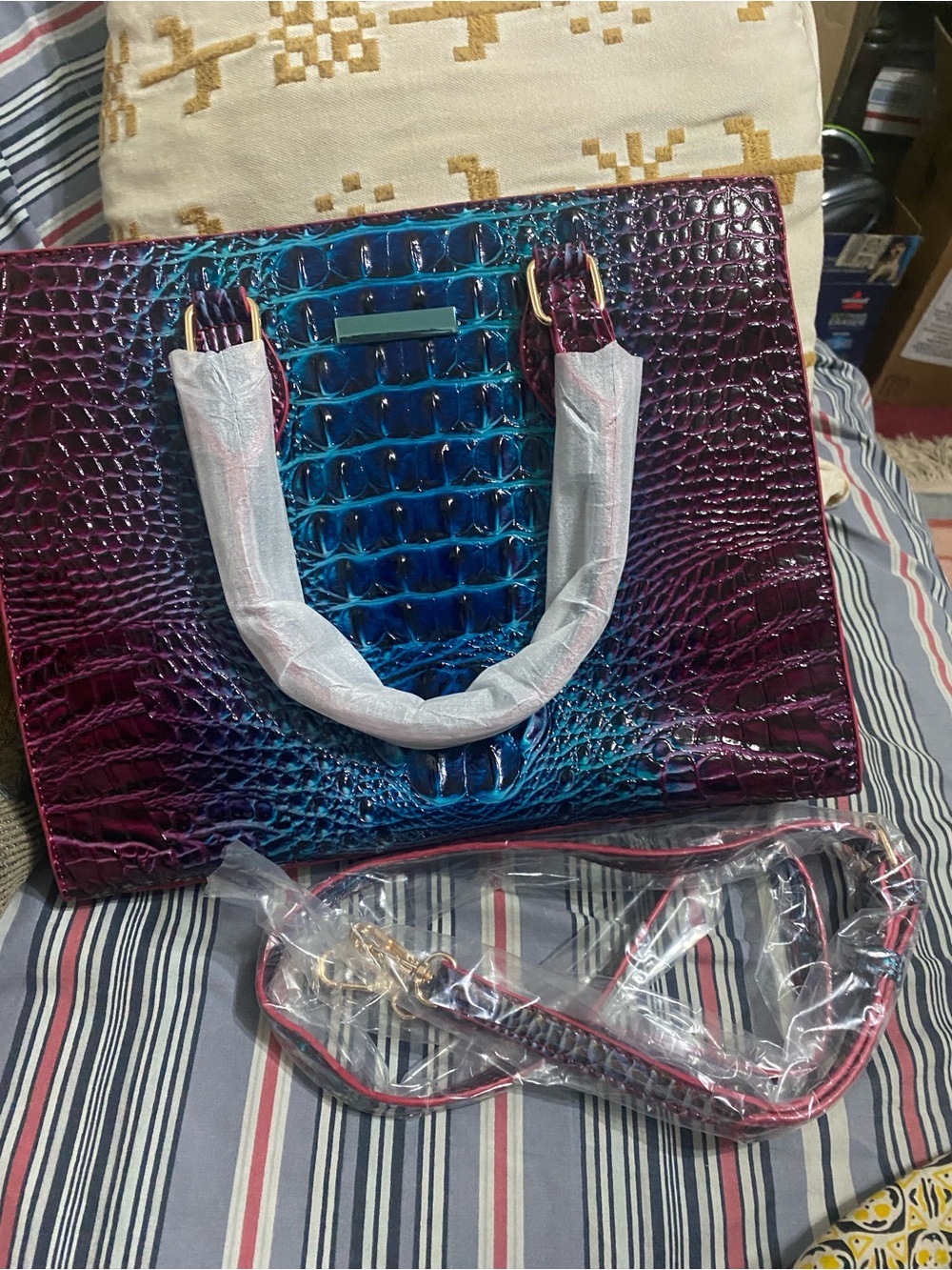 Iridescent Croc-Embossed Satchel in Blue & Purple
